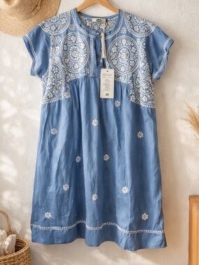 Dolma Embroidered Blue Cotton Tunic Dress NWT Size L Boho Resort